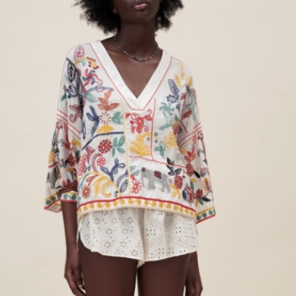 Zara V neck embroidered cotton shirt / blouse NWT - Picture 4 of 7